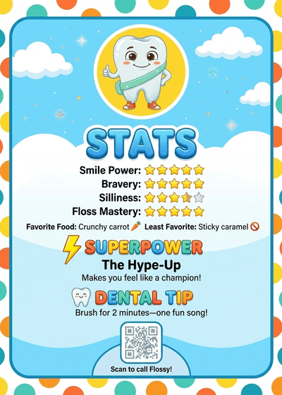 Back of Flossy trading card with QR code and referral message