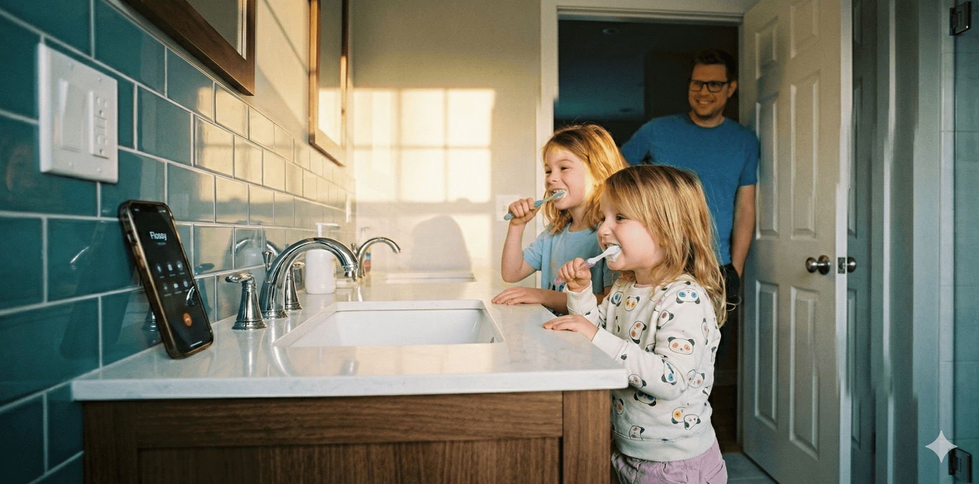 Child at home brushing teeth while on a call with Flossy character