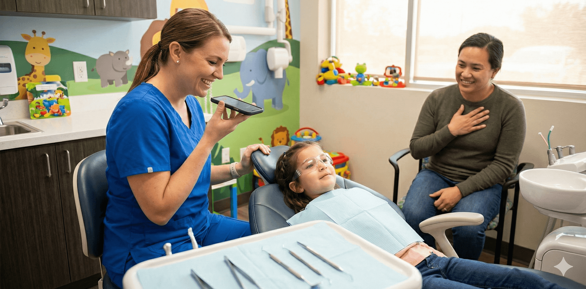 Dental staff handing phone to child during appointment for encouragement